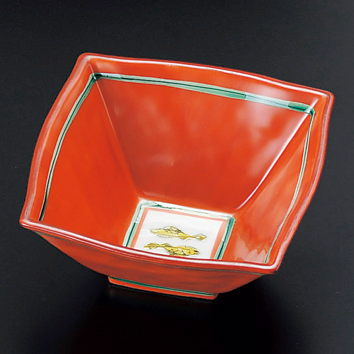 빨간색 네모 모양 초록 라인 13cm 사각 깊은 그릇 붉은색 쌍물고기그림 사각볼 08801-149 일본그릇