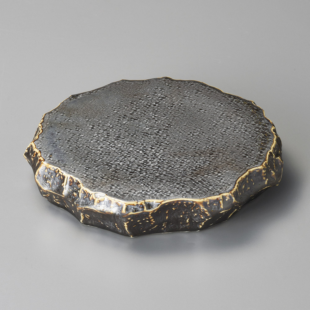 블랙 돌 질감 납작 둥근 원형 그릇 굽바위 높은플레이트 05302-149 일본그릇