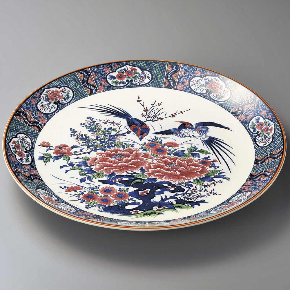 화려한 꽃무늬 새 그림 42cm 큰 원형 그릇 가스가 42.5cm 원 접시(만고야키) 18601-648 일본그릇