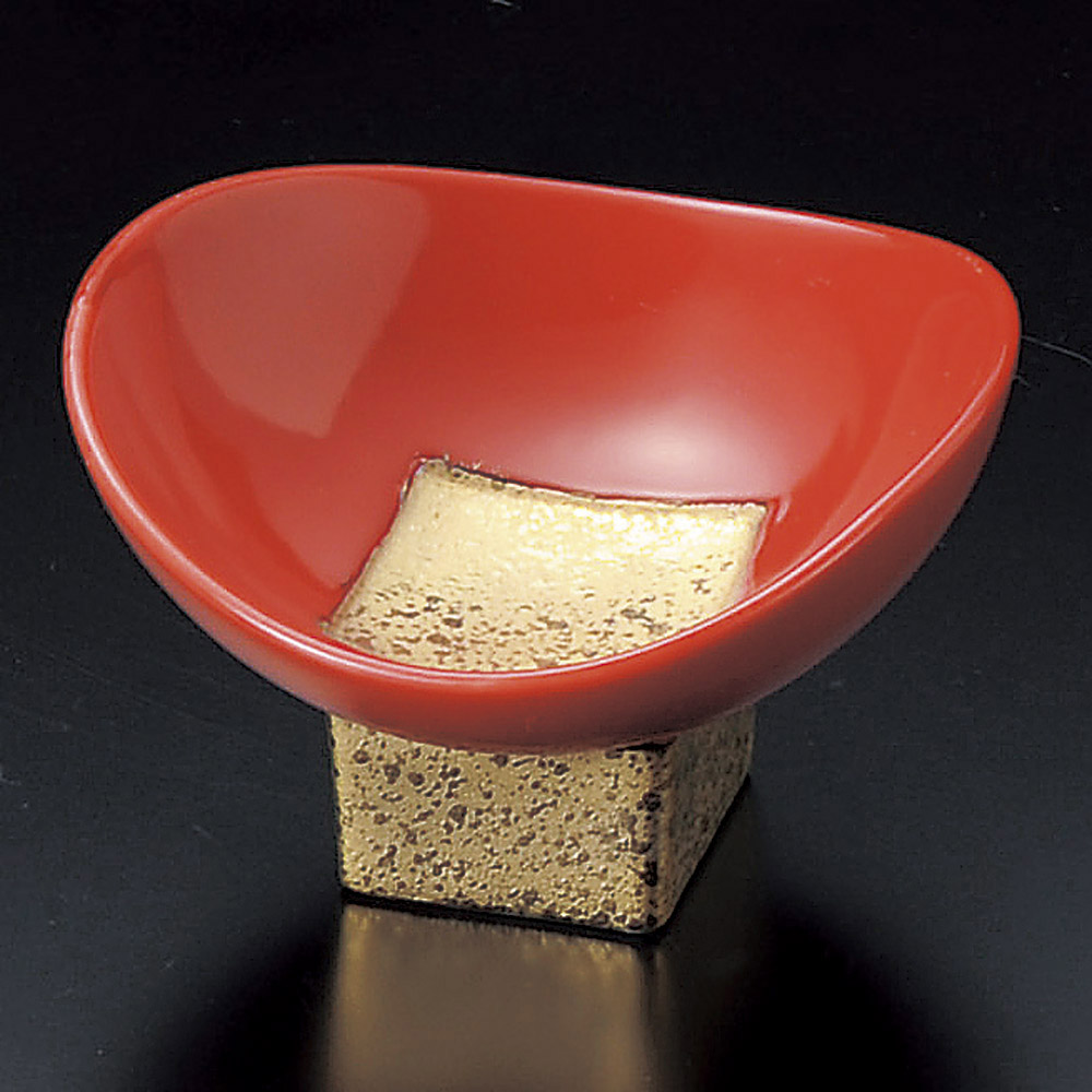 빨간색 타원 금빛 네모 무늬 10cm 높은 굽 그릇 적금 타원 고대 소볼 11703-149 일본그릇