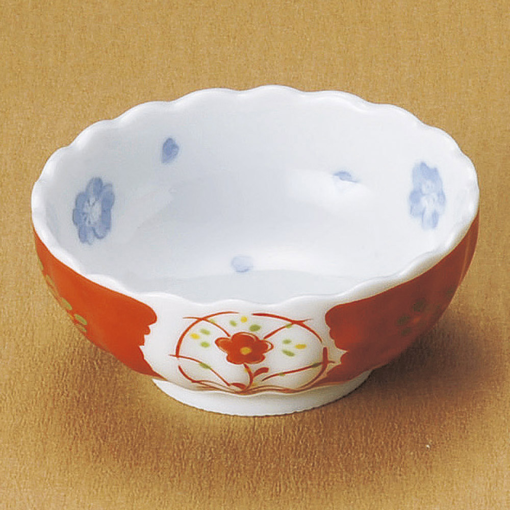 붉은 꽃 붓그림 9cm 깊은 작은 그릇 진빨강 둥근무늬 작은 종지 12125-739 일본그릇