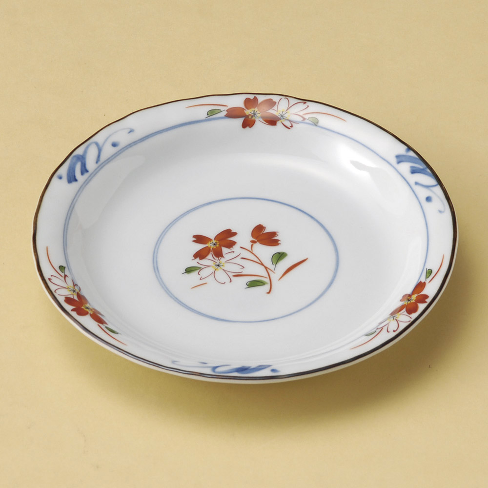 붉은 꽃 파란 원 라인 둥근 원형 그릇 들꽃 접시 33913-198 일본그릇