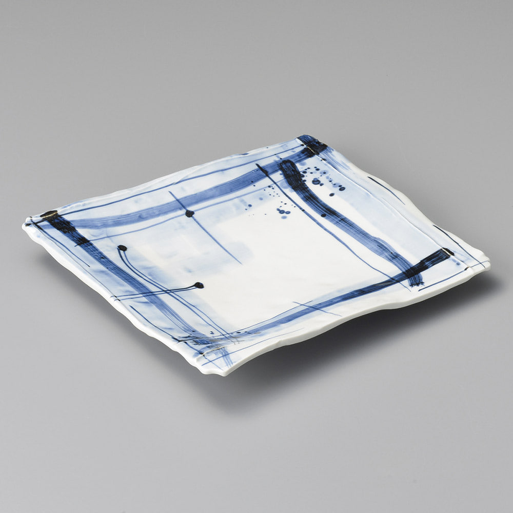 푸른 라인 붓그림 30cm 사각 그릇 남색 격자 접시 19811-258 일본그릇