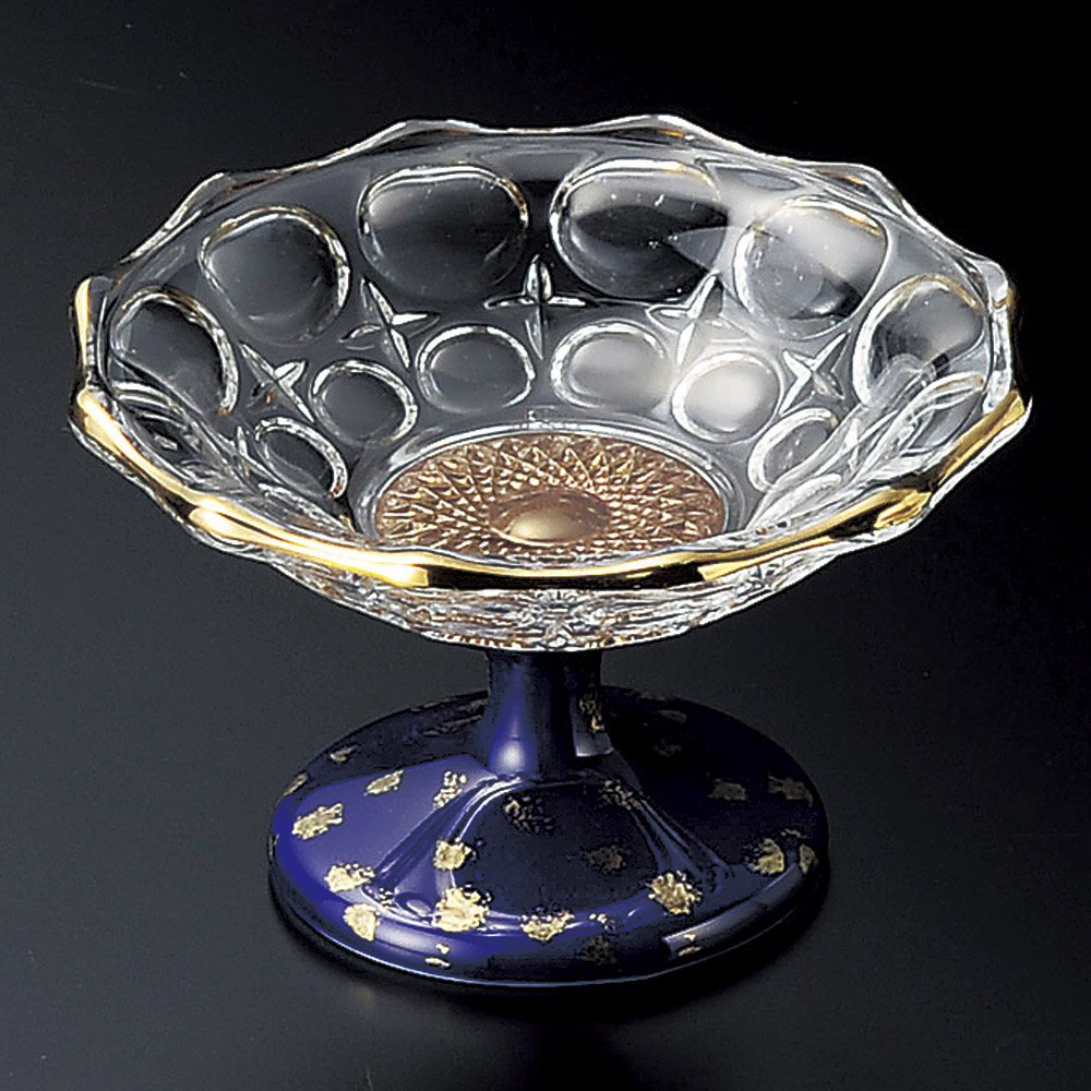 금색 라인 둥근 음각 12cm 높은 굽 그릇 루리 유리 소굽볼 10901-149 일본그릇