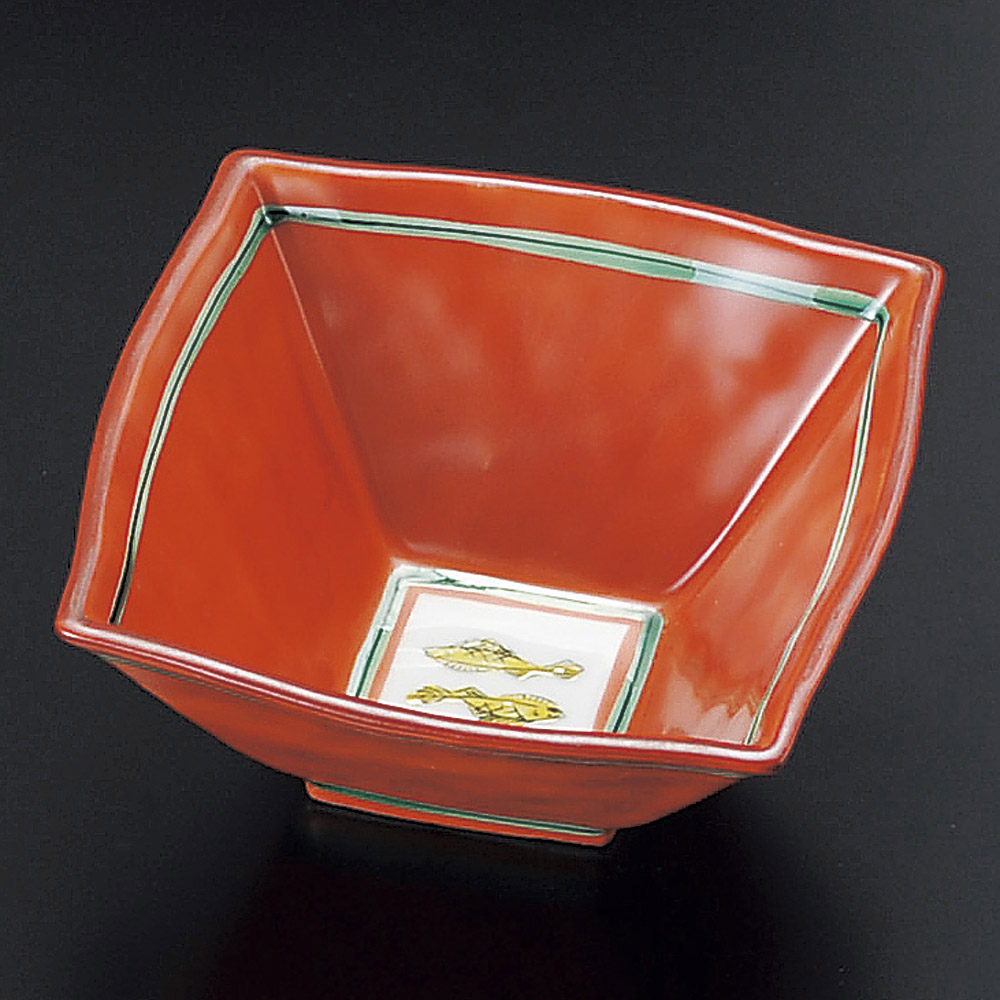 빨간색 네모 모양 초록 라인 13cm 사각 깊은 그릇 붉은색 쌍물고기그림 사각볼 08801-149 일본그릇