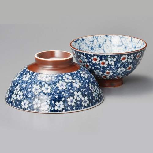 꽃무늬 갈색 라인 밥그릇 국그릇 식기 세트 블루 벚꽃 공기  45025-338 일본그릇